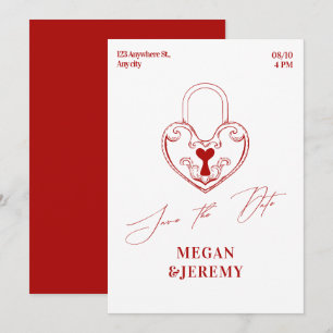 Red modern romantic vintage heart lock wedding save the date