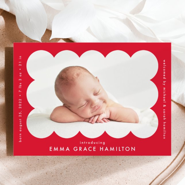 Red Modern Scalloped Photo Frame Birth Announcement (Creator Uploaded)