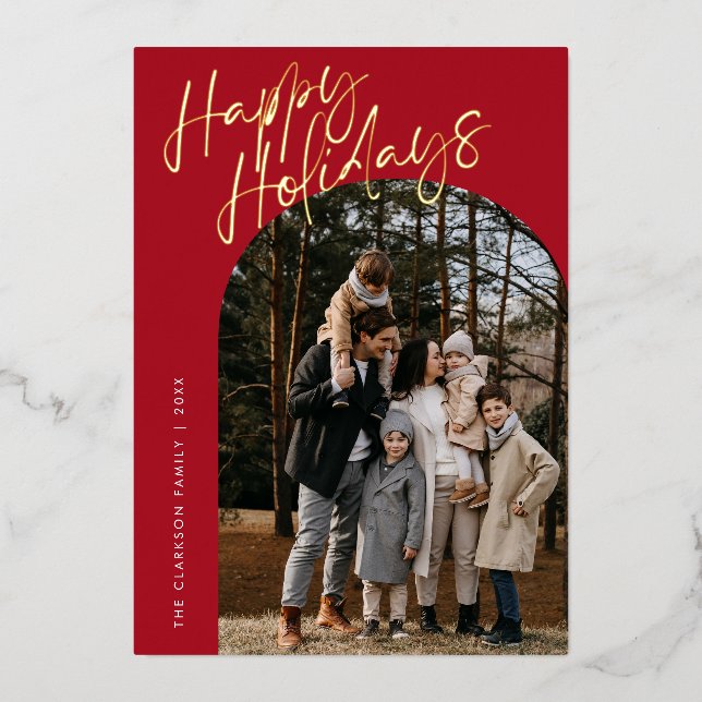 Red Modern Script Happy Holidays Arch 2 Photo (Front)