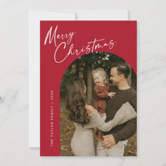 Red Modern Script Happy Holidays Arch 2 Photo  Holiday Card