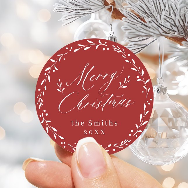 Red Modern script Merry Christmas holiday gift Classic Round Sticker (Red Modern script Merry Christmas holiday gift Classic Round Sticker)