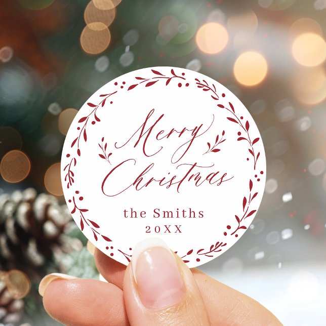 Red Modern script Merry Christmas Holiday Gift Classic Round Sticker (Red Modern script Merry Christmas Holiday Gift Classic Round Sticker)