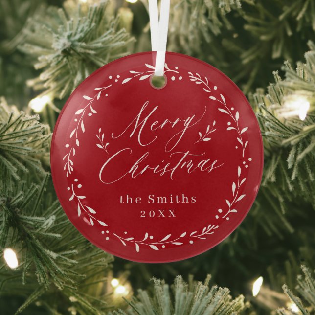 Red Modern script Merry Christmas Holiday Glass Tree Decoration (Insitu)