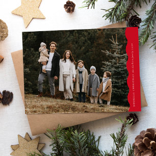 Red Modern Simple Wavy Two Photo Christmas Holiday Card