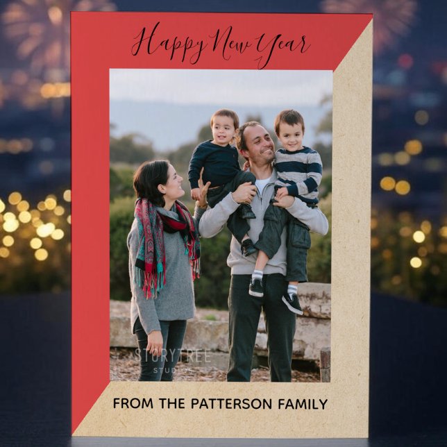 Red Modern Slant New Year's Photo Flat Card (Red Modern Slant New Years Photo Card)