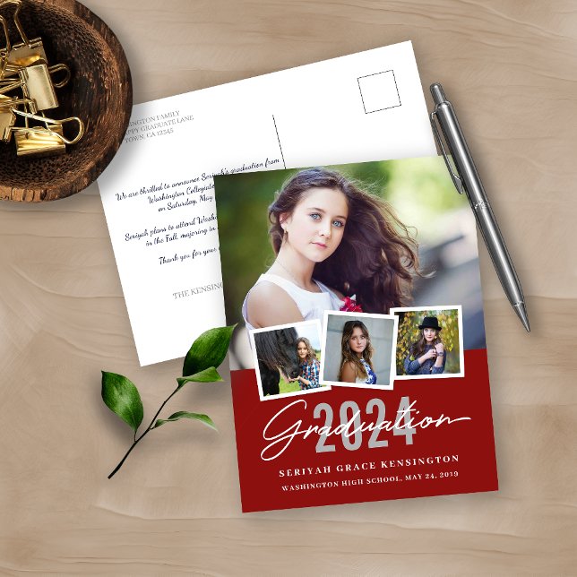 Red Modern Stylish Any Year Graduation 4 Photo Postcard (Creator Uploaded)