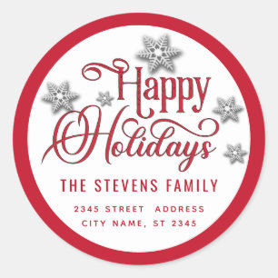 Red Modern typography Happy Holidays snowflakes  Classic Round Sticker
