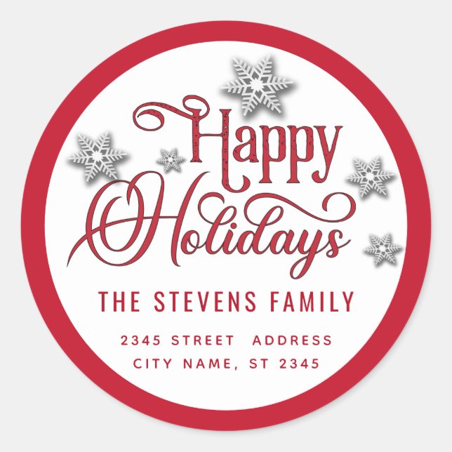 Red Modern typography Happy Holidays snowflakes  Classic Round Sticker (Front)