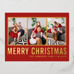 Red Modern Typography Photo Collage Christmas Foil Holiday Postcard<br><div class="desc">Merry Christmas! Send warm wishes to your family and friends with this customisable Christmas photo collage postcard. it features modern simple typography. Personalise by adding three photos,  names,  year and other details. This gold foil Christmas postcard is available in other colours and cardstock.</div>