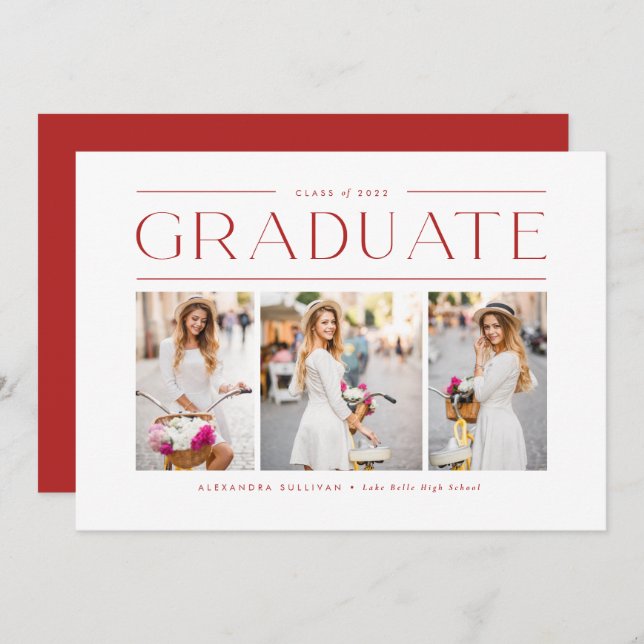Red Modern Typography Three Photo Graduation Announcement (Front/Back)