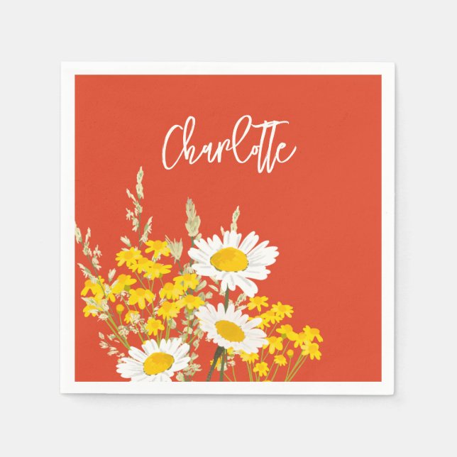 Red Modern Wildflowers Custom Monogram Napkin (Front)