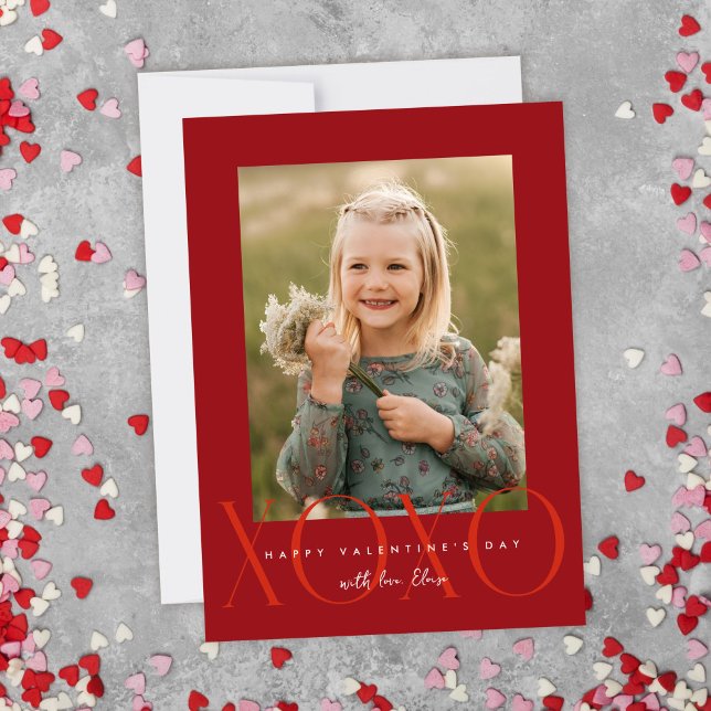 Red Modern XOXO Photo Classroom Valentine Card (Creator Uploaded)