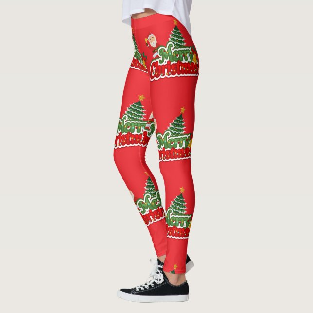 Red Modren cute Typography Merry Christmas Leggings (Left)