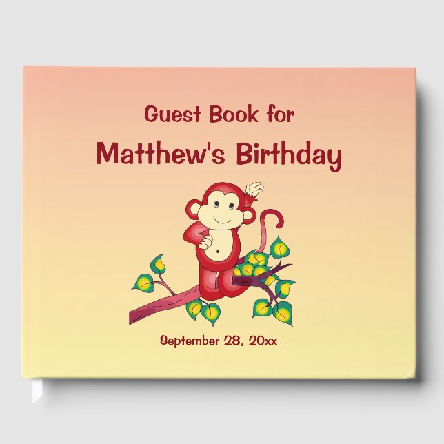 Red Monkey Animal Birthday Party Guest Book (Front)