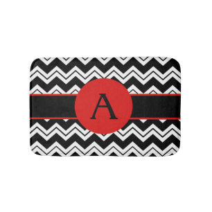 Red Monogram Black White Chevron ZizZag Rug