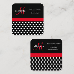 Red Monogram Black White Polka Dot Square Business Card
