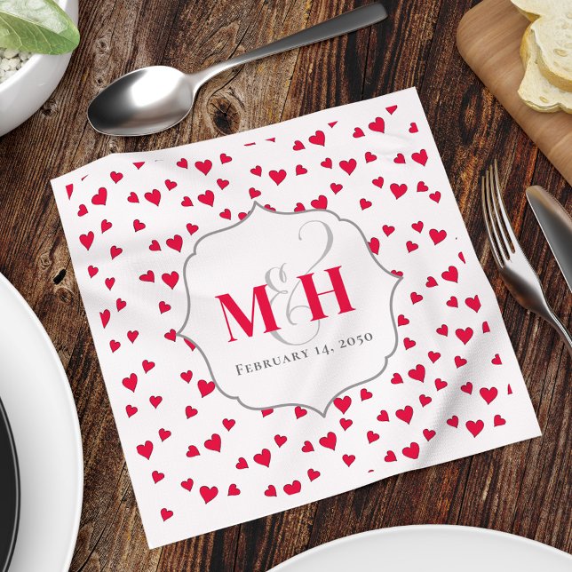 Red Monogram Cute Hearts Personalised Napkin (Cute napkin hearts monogram napkins.)