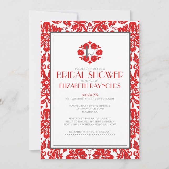 Red Monogram Damask Bridal Shower Invitations (Front)