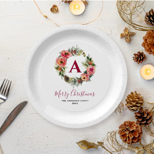Red Monogram Greenery Pink Wreath Christmas  Paper Plate