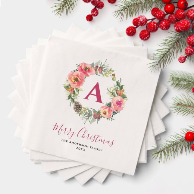 Red Monogram Greenery Pink Wreath Christmas Party Napkin (Creator Uploaded)