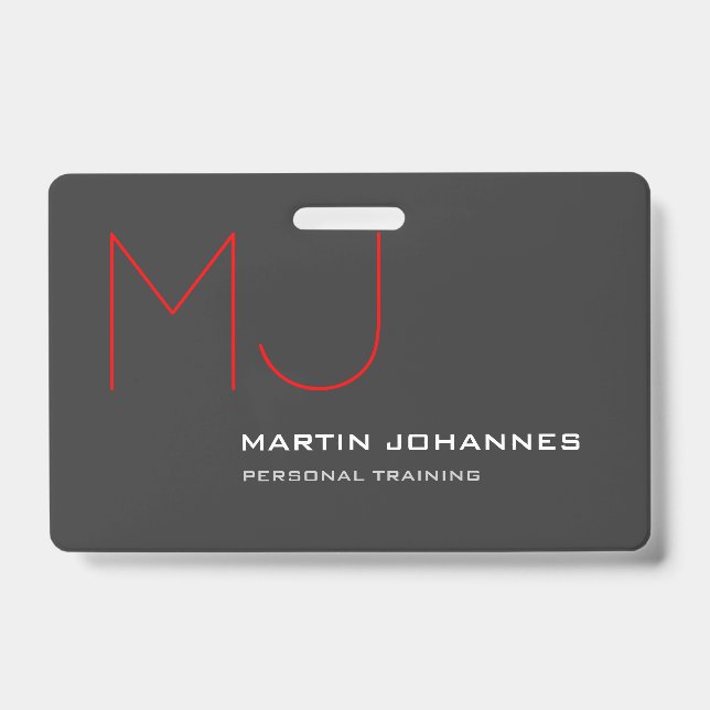 Red Monogram Grey Personal Trainer Business ID Badge (Front)