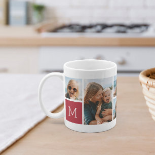 Red   Monogram Grid Photo Collage Coffee Mug