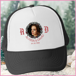 Red Monogram Husbands Photo Wedding Anniversary Trucker Hat