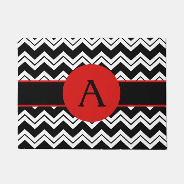 Red Monogram Initial Black White Chevron ZigZag Doormat (Front)