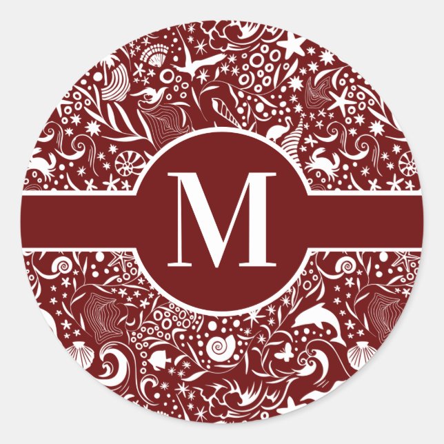 Red Monogram Initial Ocean Pattern Classic Round S Classic Round Sticker (Front)