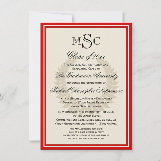 Red Monogram Laurel Classic College Graduation Invitation (Front)