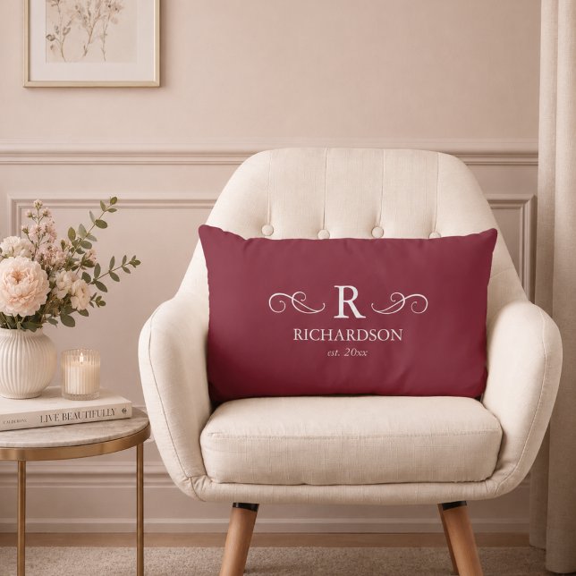 Red Monogram Lumbar Pillow (elegant custom family name monogram with est date burgundy red lumbar pillow housewarming gift )