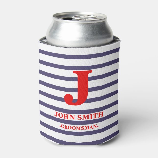 Red Monogram Navy Blue White Stripes Pattern Can Cooler (Can Front)