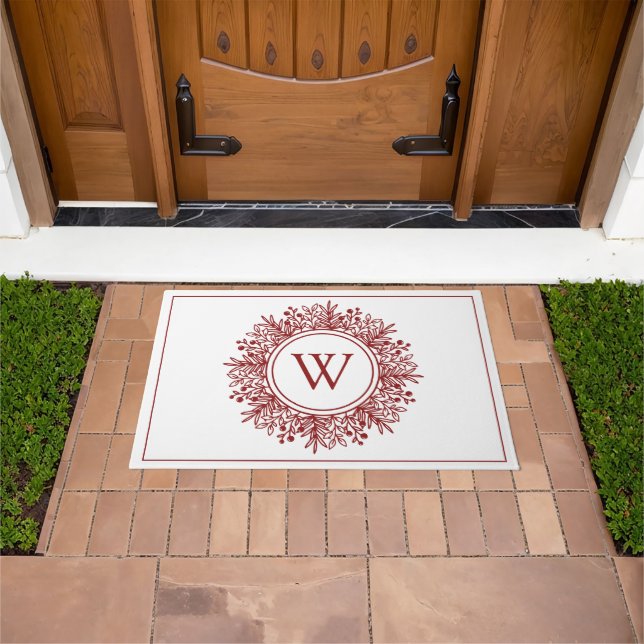 Red Monogram Snowflake Wreath Layering Doormat (Outdoor)