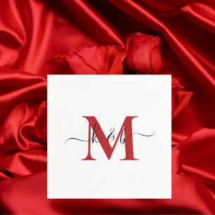 Red Monogram Swash Script White Cocktail Napkin