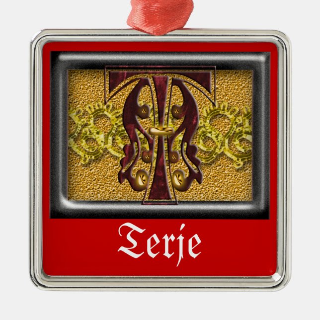 red monogram T Metal Tree Decoration (Front)