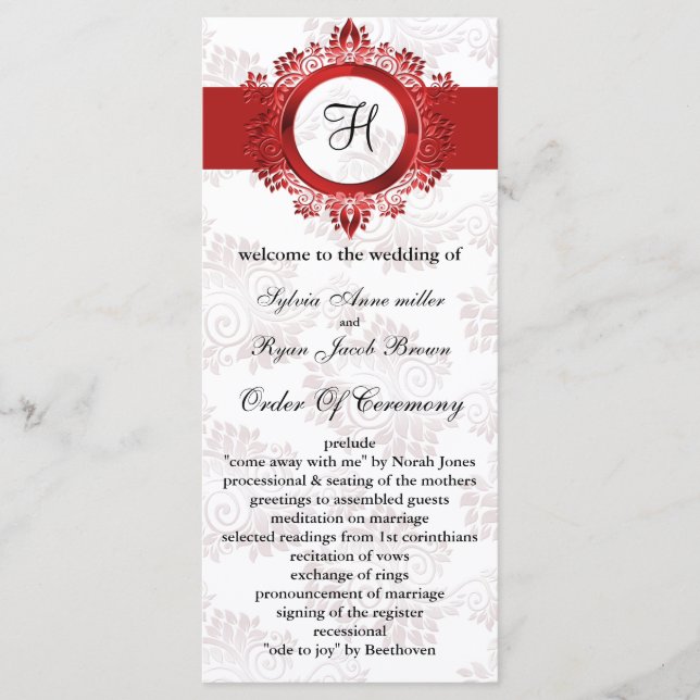 red monogram Wedding program Programme (Front)