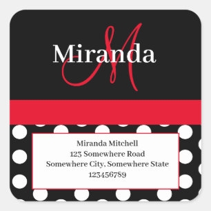 Red Monogram White Polka Dot Return Address Square Sticker