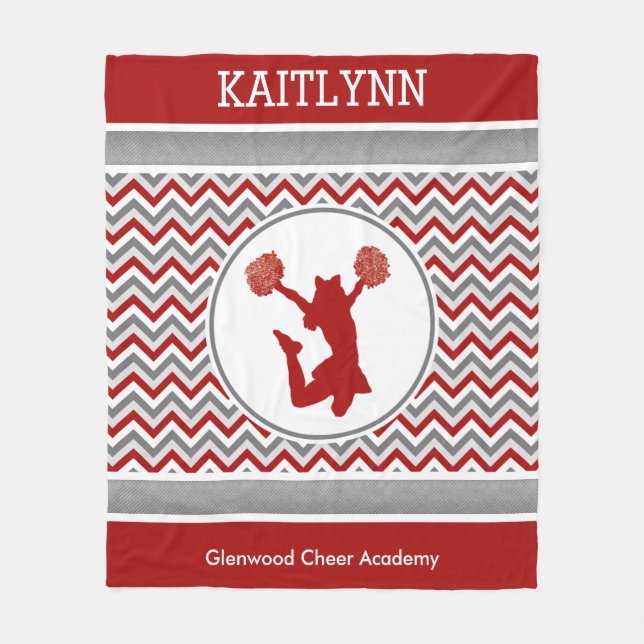 Red Monogrammed Chevron Stripes Pom or Cheer Fleece Blanket (Front)