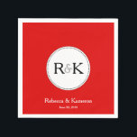 Red Monogrammed Wedding Napkin<br><div class="desc">This simple and modern wedding napkin features a white circle with the monogram of the bride and groom on a red background.  Customisable text,  near the bottom,  features the names of the bride and groom and their wedding date.</div>