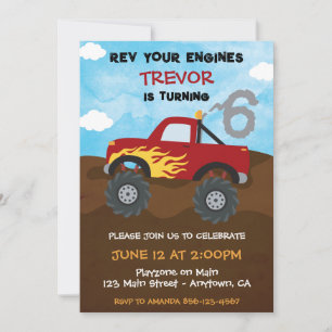 Red Monster Truck 6th Birthday Party Invitation