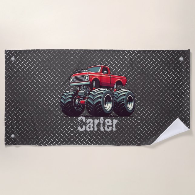 Red monster truck  beach towel (Front)