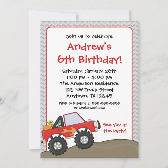 Red Monster Truck Birthday Invitations (Front)