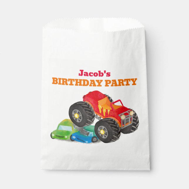 Red Monster Truck Birthday Party Watercolor Favour Bags (Front)