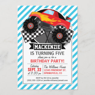 Red Monster Truck; Chequered Flag; Blue Stripes Invitation