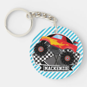 Red Monster Truck; Chequered Flag; Blue Stripes Key Ring