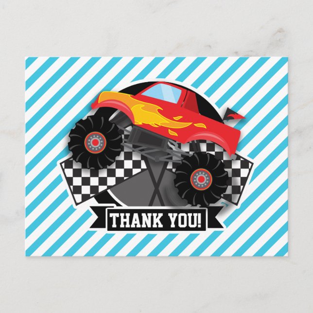 Red Monster Truck; Chequered Flag; Blue Stripes Postcard (Front)