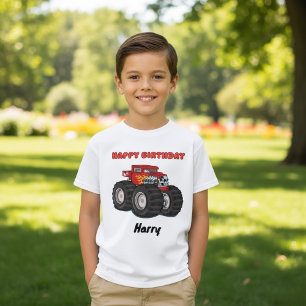 Red Monster Truck Custom Happy Birthday Name T-Shirt
