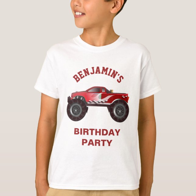 Red Monster Truck Kids Birthday Party T-Shirt (Front)