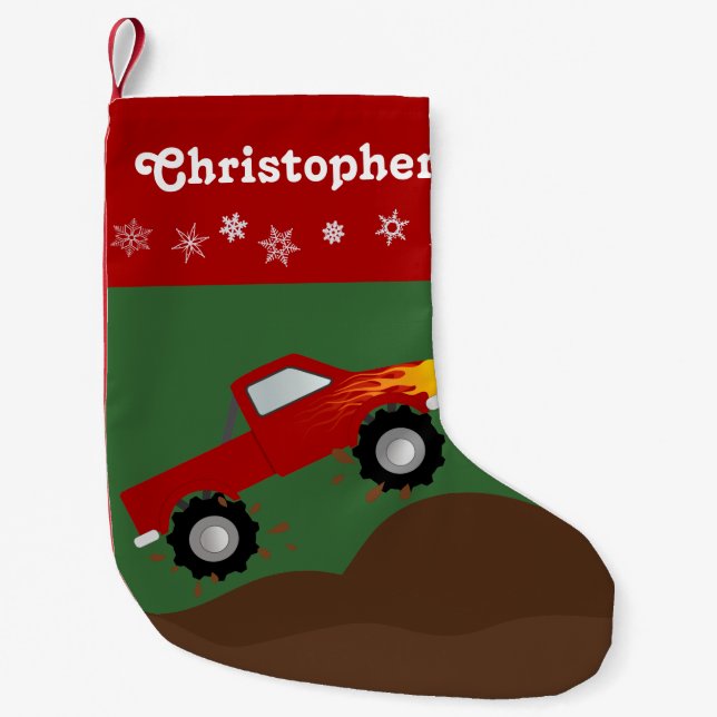 Red Monster Truck Personalised Small Christmas Stocking (Front)