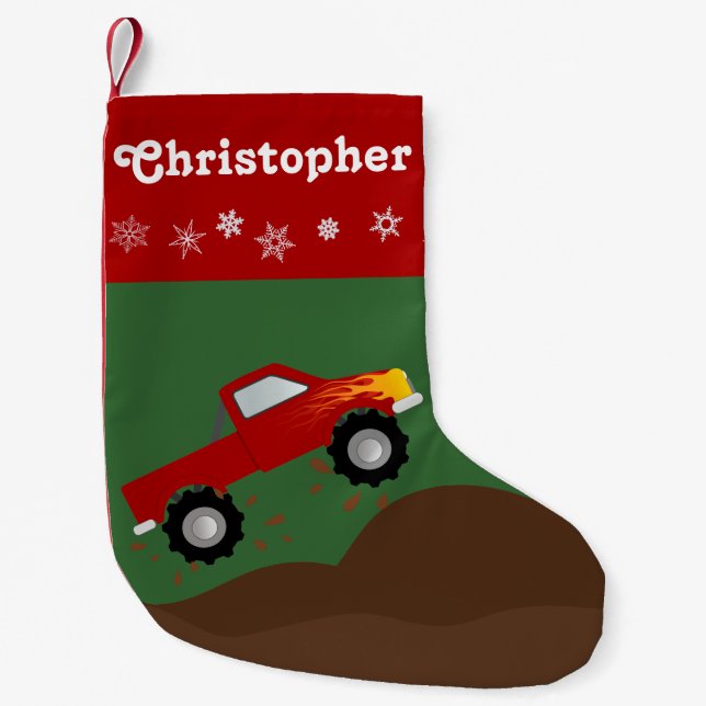 Red Monster Truck Personalised Small Christmas Stocking (Front)